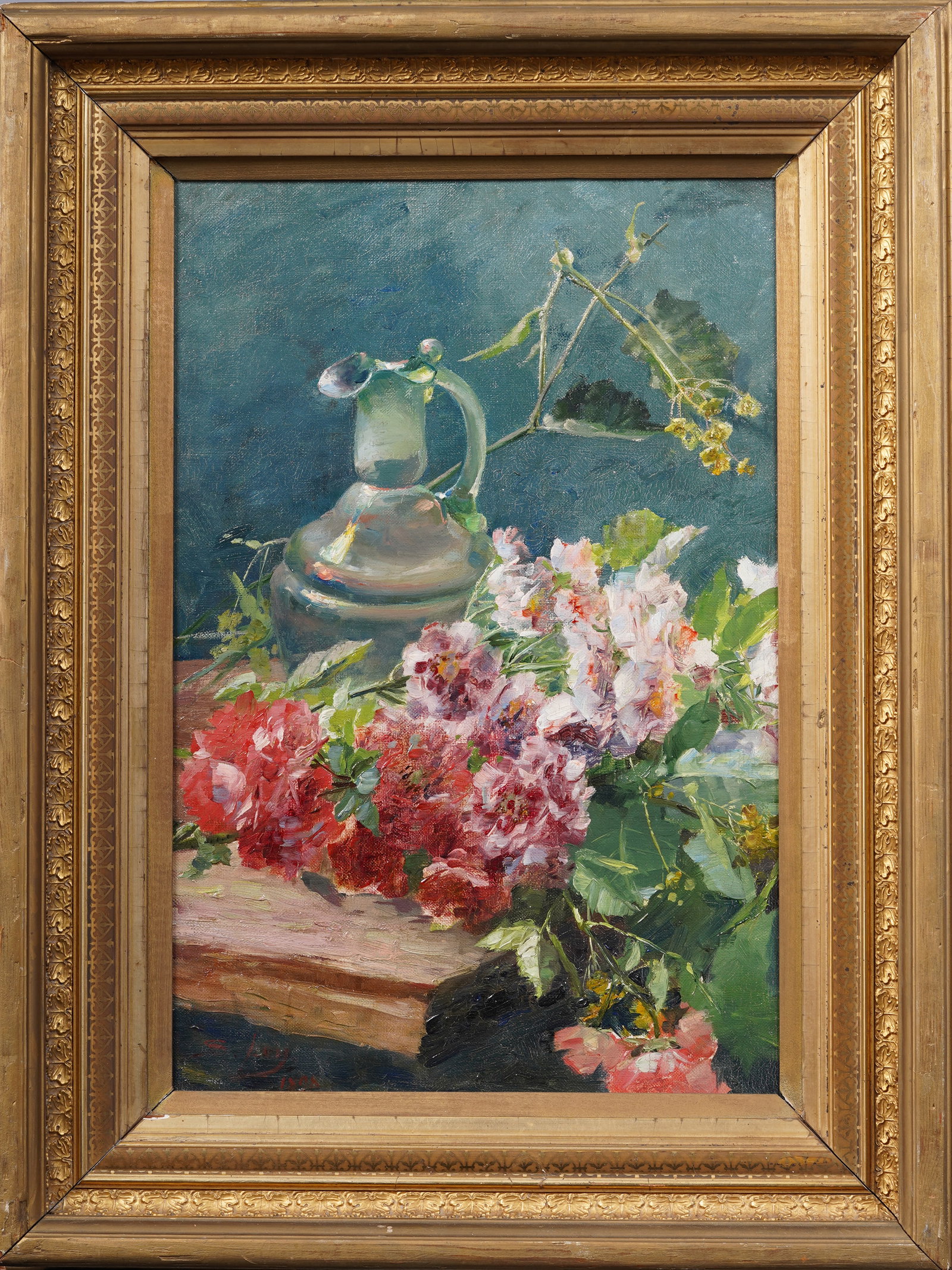 Antique Signed European Impressionist Flower Still Life Nicely Framed Original Oil Painting: Antique European impressionist still life oil painting. Oil on canvas. Signed illegibly. Framed. Measuring 19 by 25 inches and 13 by 19 painting alone. Please see all images for condition. Size is mea