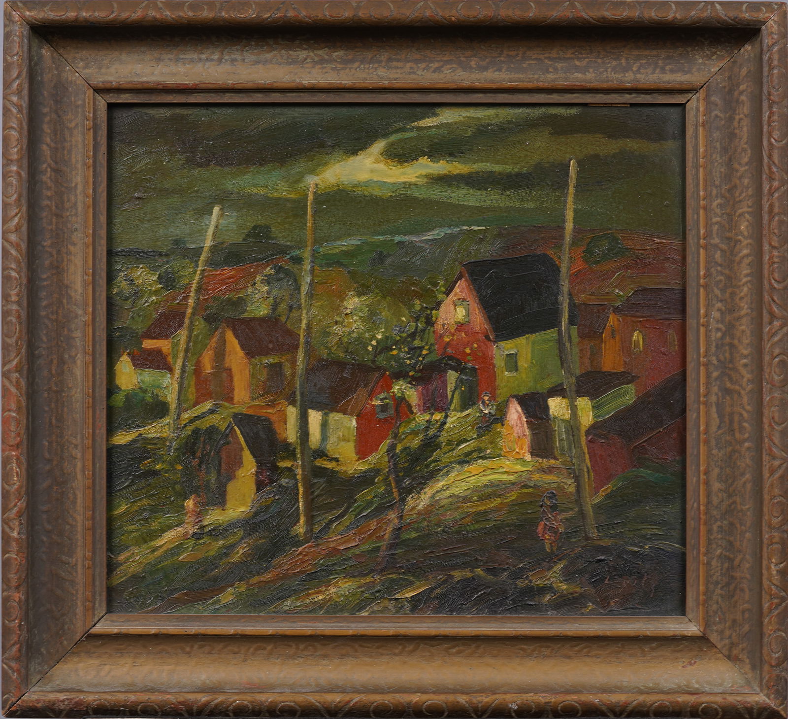 Antique American School Modernist WPA Regionalist Nocturnal Landscape  Original Oil Painting (1 of 7)