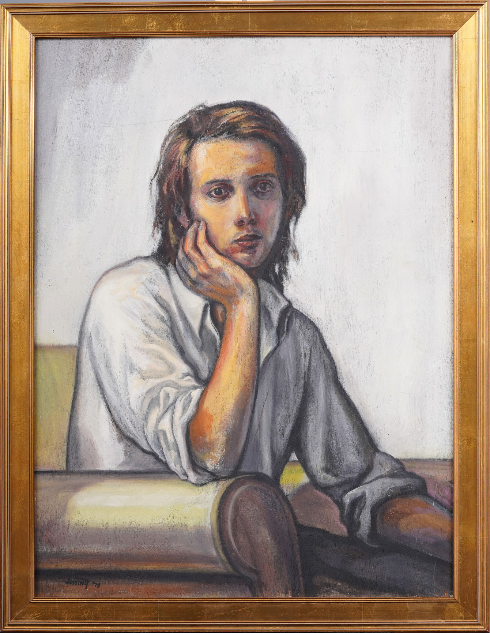 Pensive Young Man Framed Vintage American School Portrait Original Oil Painting (1 of 6)