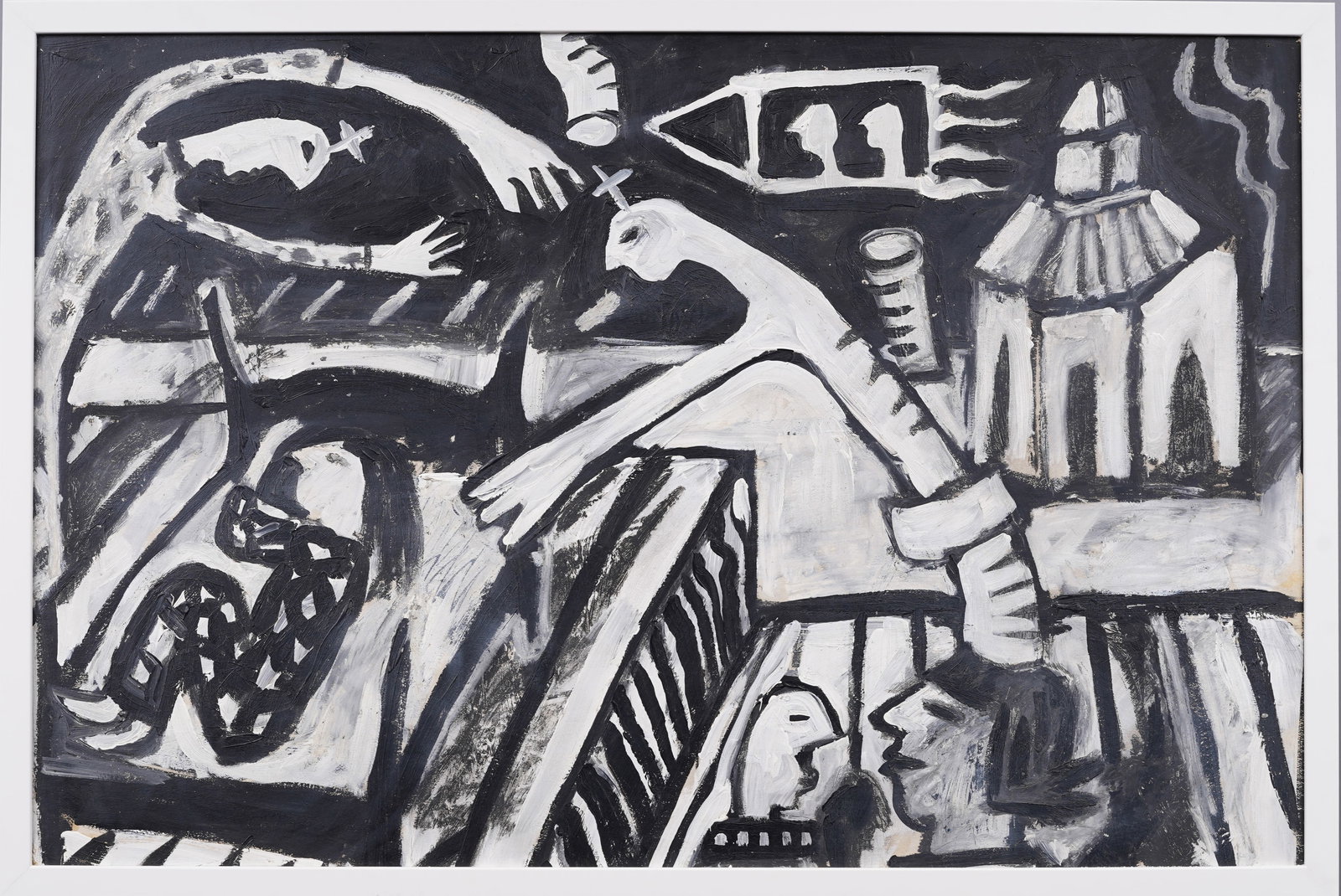 Vintage American Outsider Folk Art Modernist Black and White Framed Original Oil Painting: Vintage American school modernist outsider painting. Oil on board. Framed. Measuring 27 by 40 inches overall and 26 by 39 painting alone. Please see all images for condition. Size is measured and writ