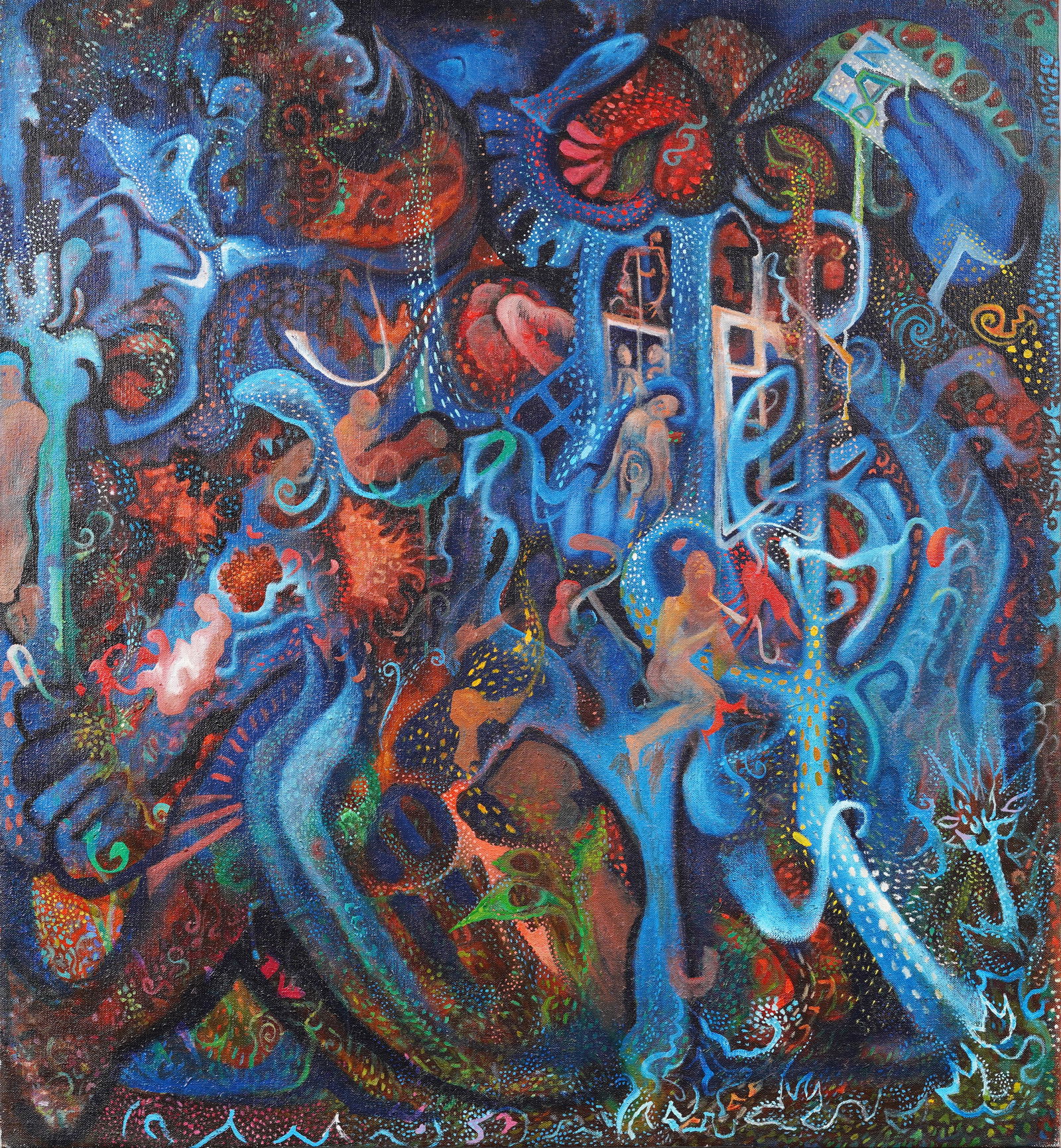 Antique American School Psychedelic Abstract Burial Shroud Large Modern Original Oil Painting (1 of 4)