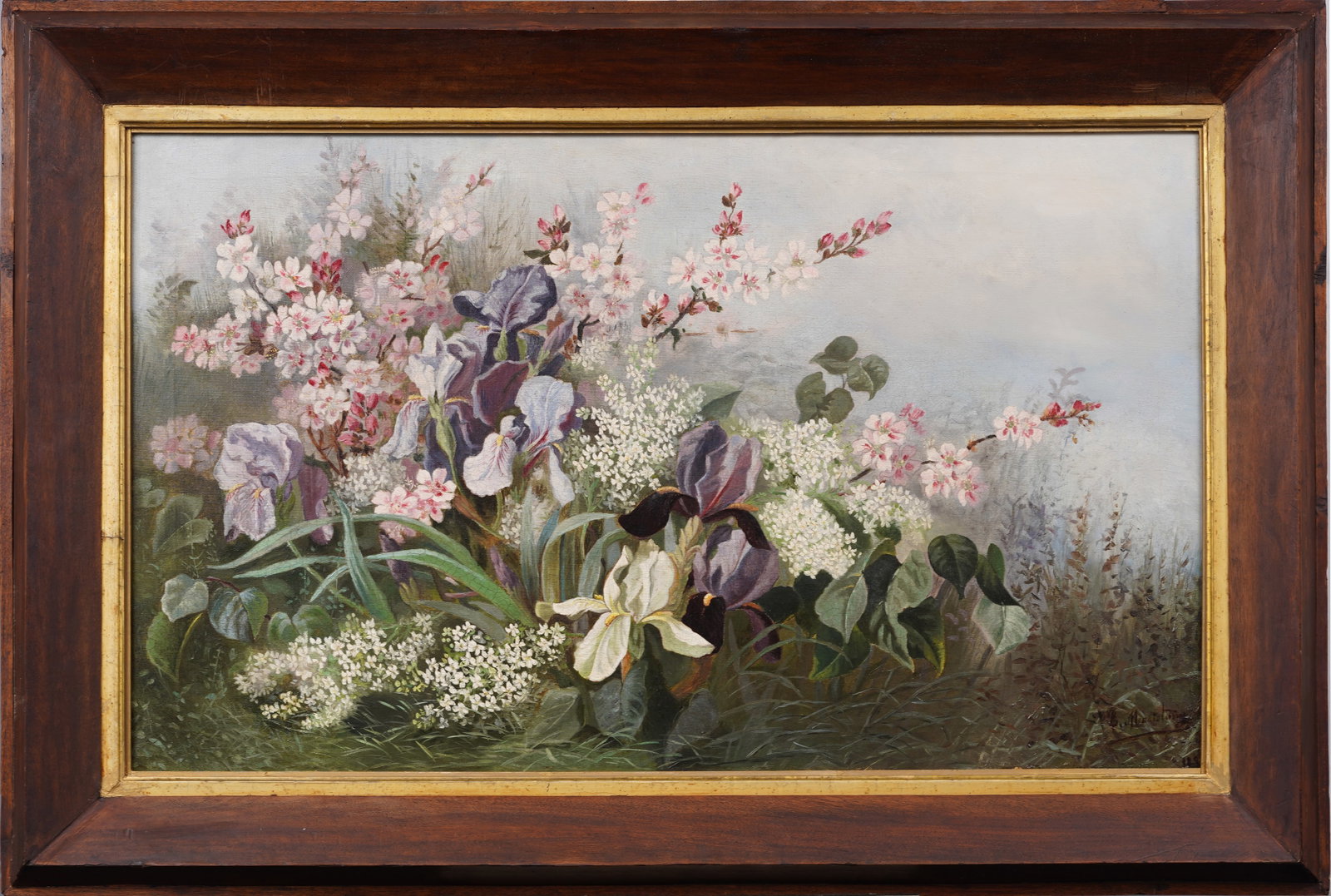 Large Antique French 19th Century Flower Still Life Landscape Signed Framed Original Oil Painting: Antique French 19th century still life oil painting. Oil on canvas. Signed. Framed. Measuring 32 by 48 inches overall and 24 by 39.5 painting alone. Please see all images for condition. Size is measur