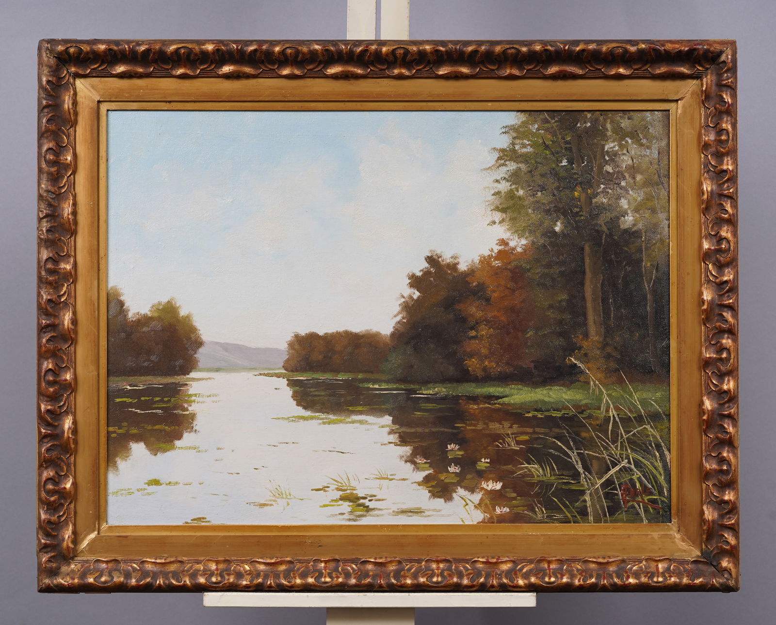 Antique American Impressionist Framed Lake Landscape Signed Original Large Oil Painting (1 of 5)