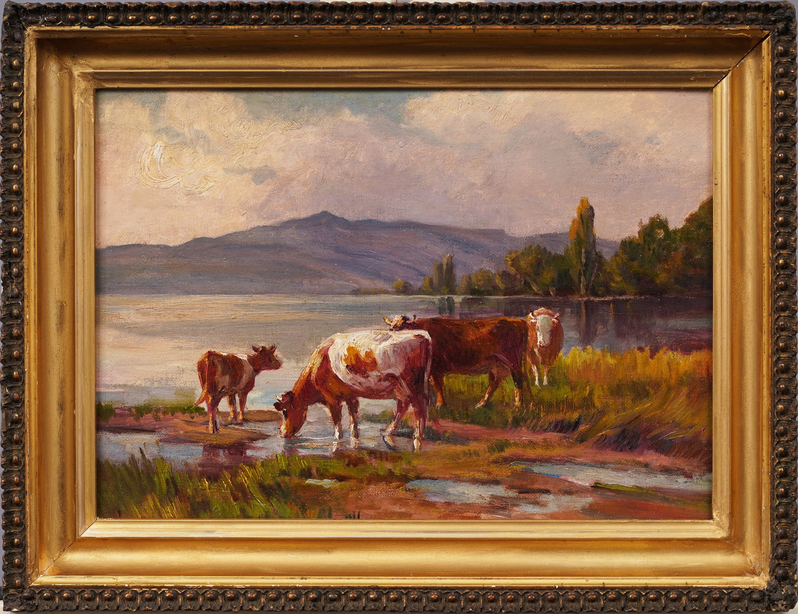 Charles Franklin Chamberlain (1871-1947) Antique American Impressionist Cow Grazing Oil Painting: Antique American impressionist cow grazing landscape oil painting by Charles Franklin Chamberlain (1871 - 1947). Oil on canvas. Stamped verso. Framed. Measuring 12 by 16 inches overall and 9.25 by 13.