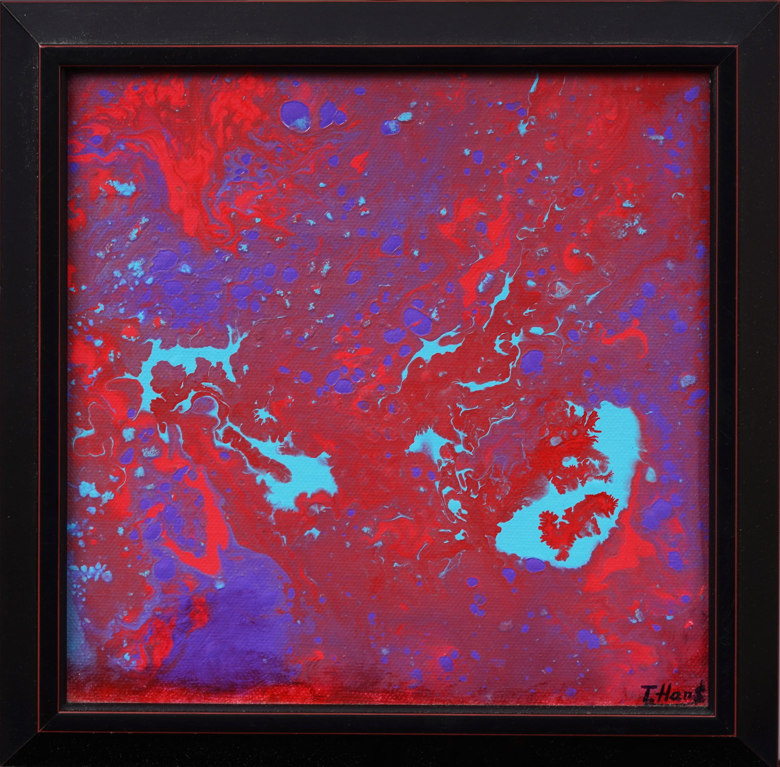 Tanya Hansen Contemporary American Abstract Expressionist Framed Original Oil Painting: Contemporary American abstract oil painting. Oil on canvas. Signed. Framed. Measuring 10 by 10 inches and 8 by 8 painting alone. Please see all images for condition. Size is measured and written on th