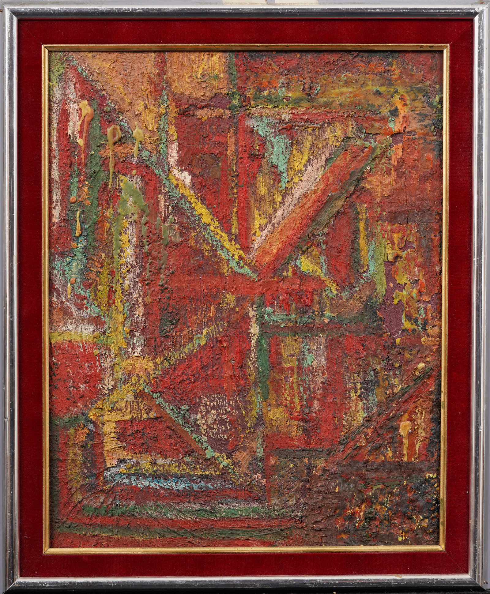 Vintage American Abstract Expressionist Framed Mid Century Modern Original Oil Painting: Antique American oil painting. Oil on canvas. Framed. Measuring 21 by 17 inches overall and 18 by 14 painting alone. Please see all images for condition. Size is measured and written on the back of th