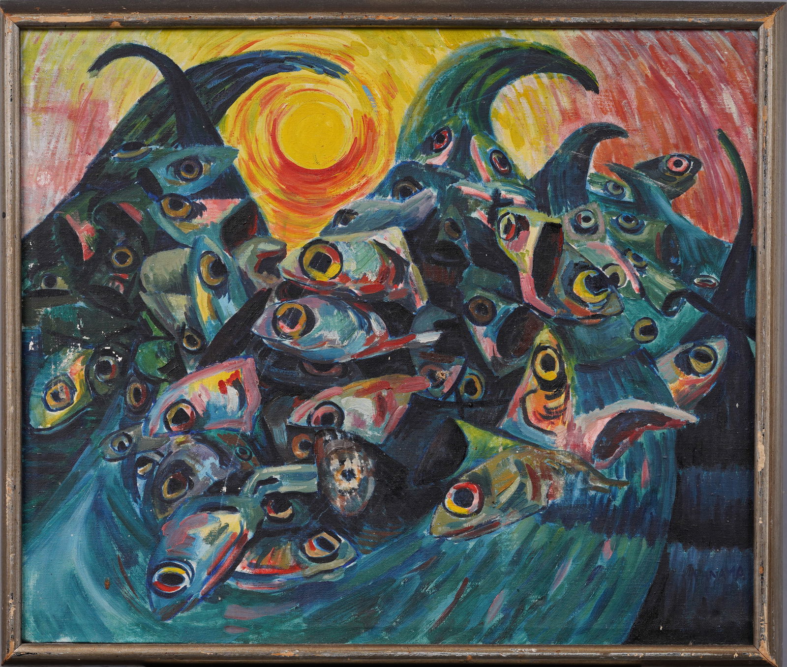 Antique American School Cubist Colorful Fish Seascape Still Life Signed Framed Original Oil Painting (1 of 7)