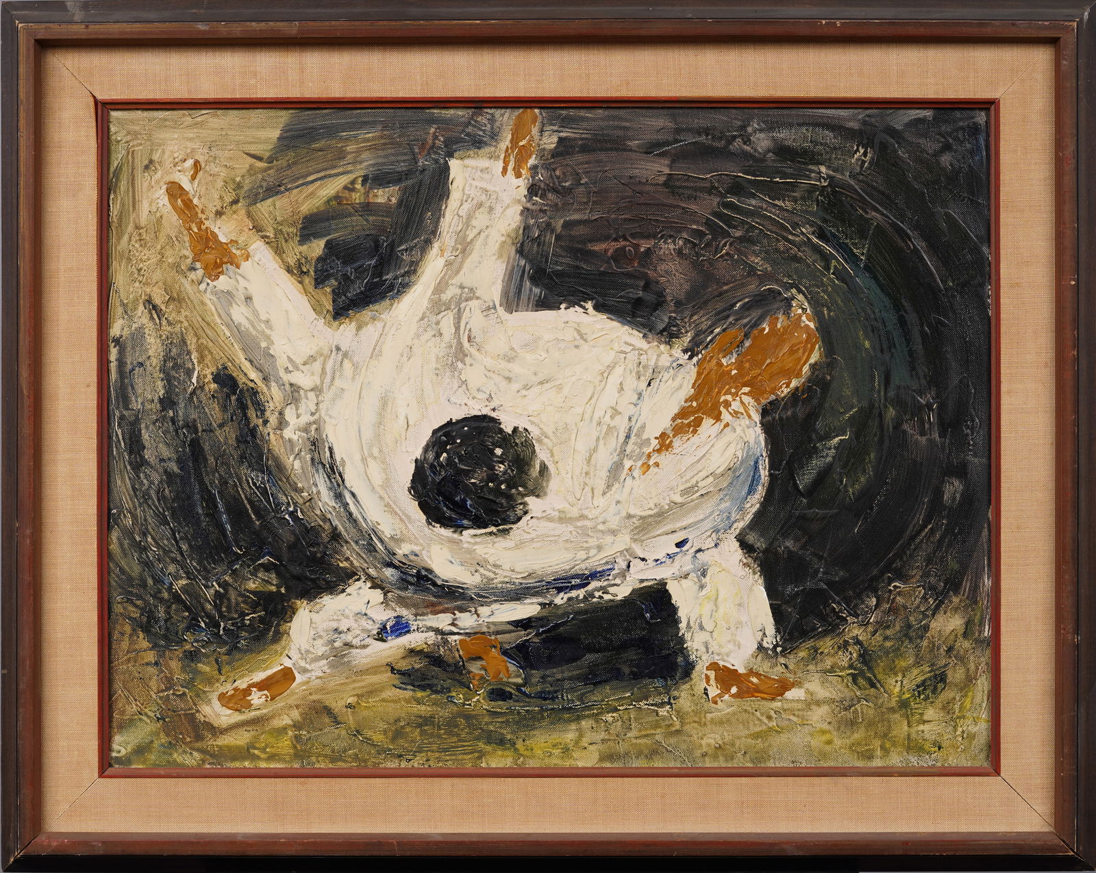 Antique Asian Modernist Martial Arts Combat Scene Abstract Framed Oil Painting: Antique Asian modernist oil painting. Oil on canvas board. Framed. Measuring 24 by 30 inches overall and 18 by 24 painting alone. Please see all images for condition. Size is measured and written on t