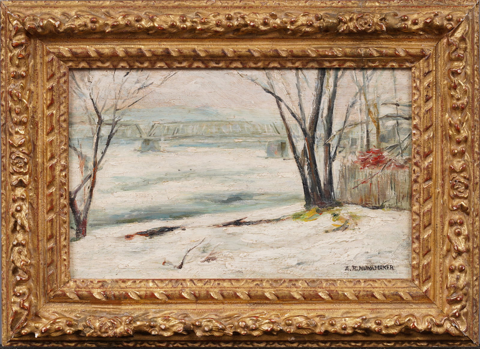 Alfred Nunamaker (1915-1988) Antique American Winter Impressionist Landscape Original Oil Painting (1 of 6)