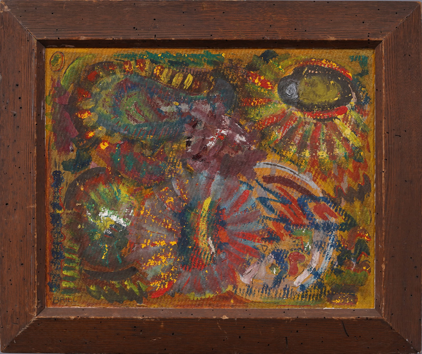 Vintage American School Outsider Abstract Framed Original Oil Painting: Antique American modernist oil painting. Oil on board. Framed. Measuring 21 by 25 inches overall and 16 by 20 painting alone. Please see all images for condition. Size is measured and written on the b