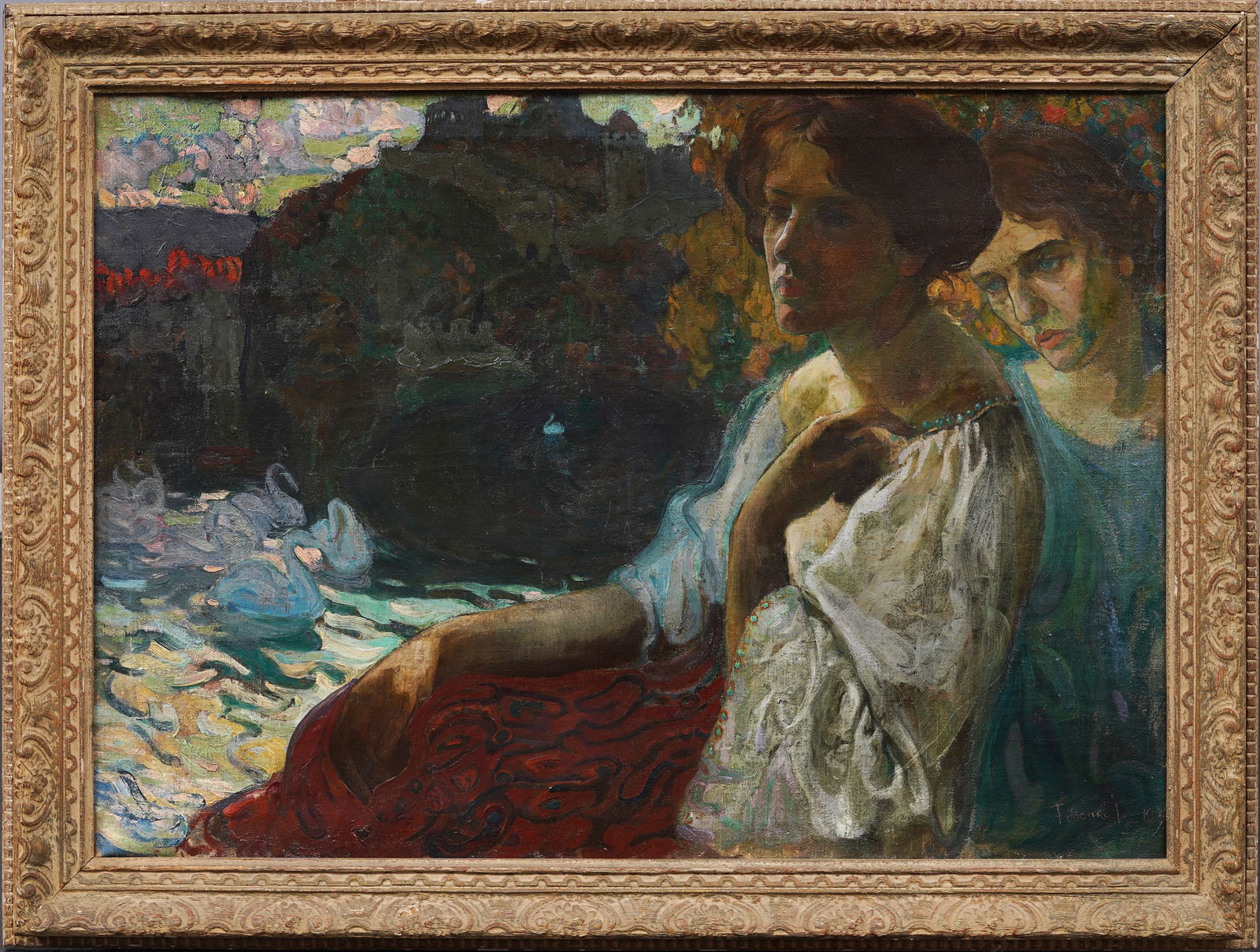 Museum Quality European Fauvist Signed Framed Swan Landscape Young Women Portrait Painting (1 of 7)