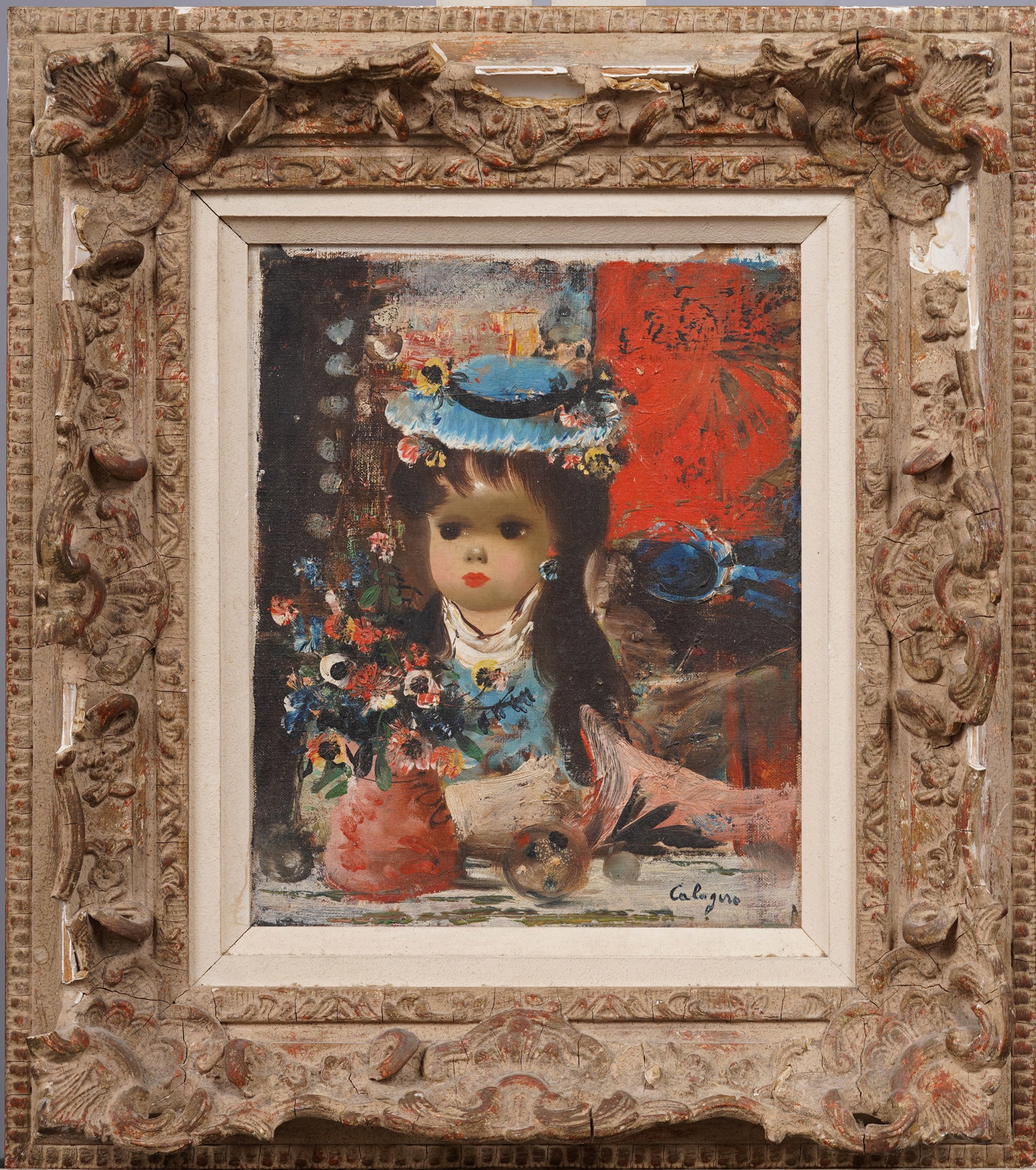 Jean Calogero (1922 - 2001) Antique Italian Modernist Child Portrait Framed Oil Painting: Antique Italian modernist portrait oil painting. Oil on canvas. Signed. Framed. Measuring 16 by 18 inches overall and 9 by 11 painting alone. Please see all images for condition. Size is measured and 