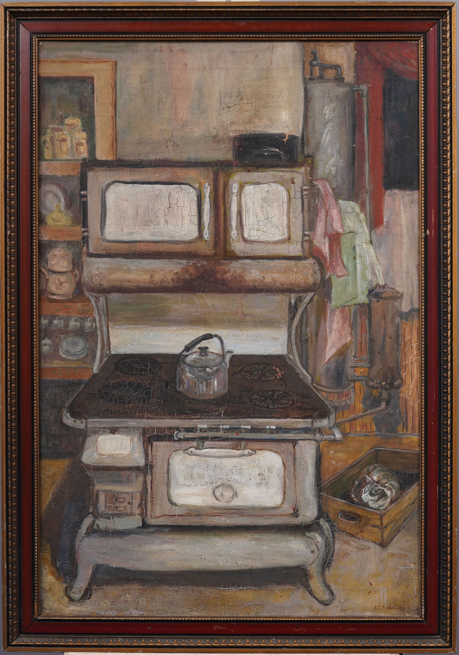 Antique American Modernist Kitchen Interior Scene Framed Rare Original Oil Painting (1 of 7)