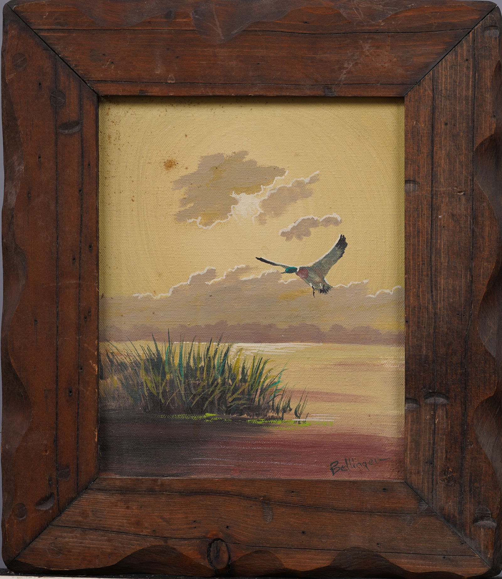 Vintage American School Sporting Art Duck Flying Sunset River Landscape Original Oil Painting (1 of 6)