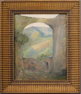Arrah Lee Gaul (1883 - 1980) Antique American Impressionist Natural Bridge Landscape Oil Painting: Antique American impressionist landscape painting in Europe by Arrah Lee Gaul (1883 - 1980). Oil on canvas. Signed. Framed. Measuring 24 by 28 inches overall and 16 by 20 painting alone. Please see al