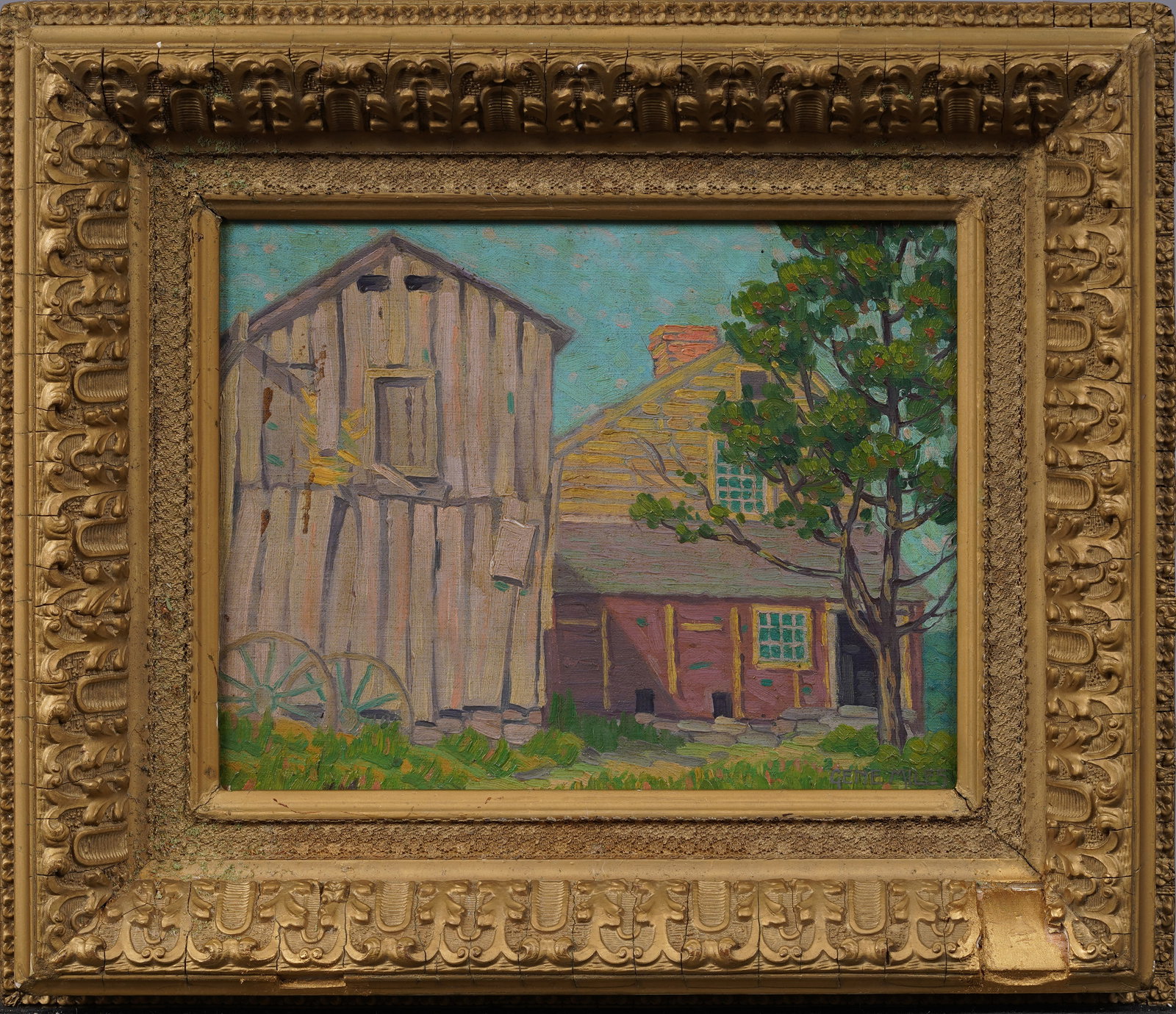Antique American Impressionist Nicely Framed Thick Impasto Fall Landscape Oil Painting: Antique American impressionist oil painting. Oil on board. Framed. Measuring 13 by 16 inches overall and 8 by 10 painting alone. Please see all images for condition. Size is measured and written on th