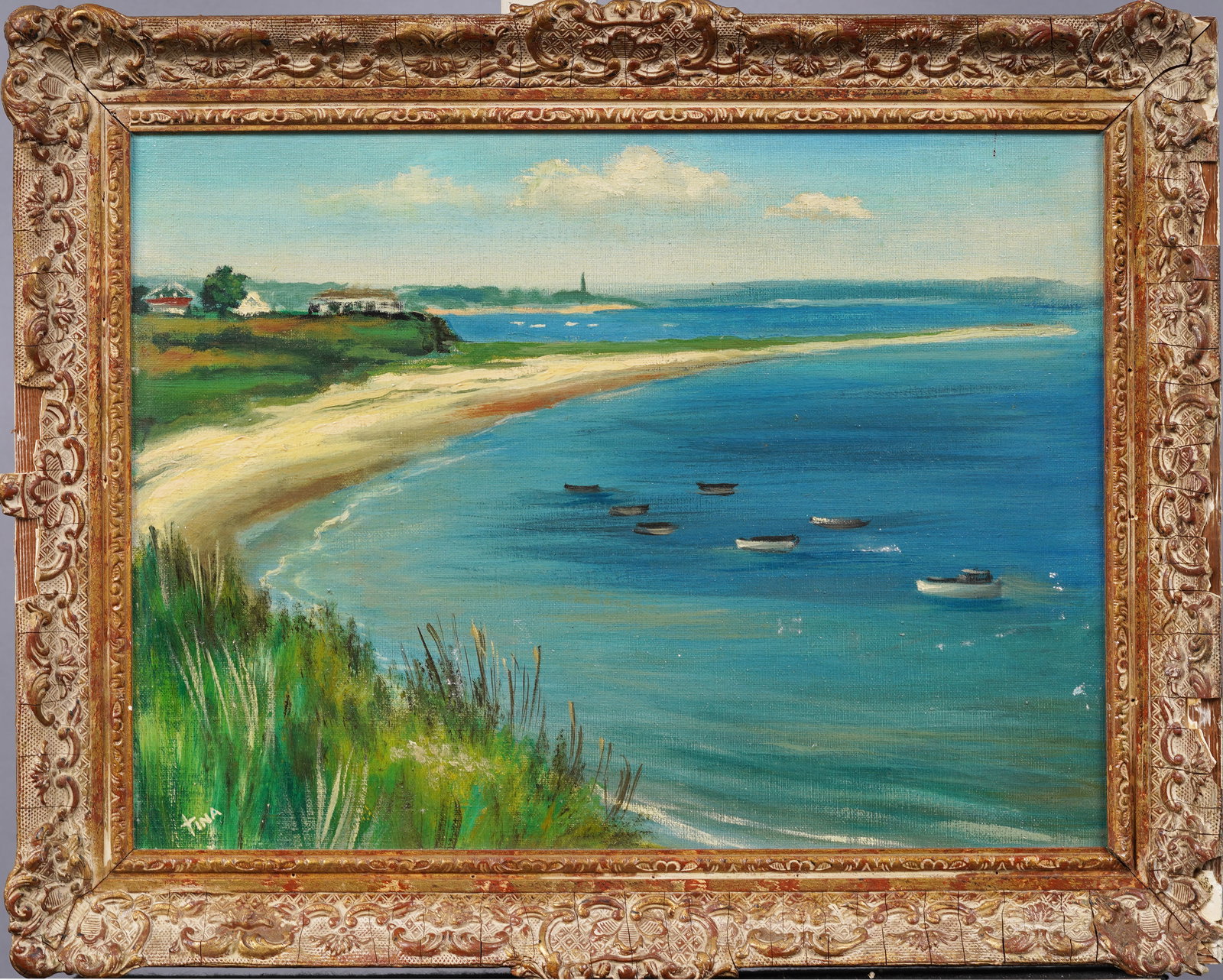 Antique American Signed "Tina" Impressionist Coastal Seascape Nicely Framed Original Oil Painting: Antique American oil painting. Oil on board. Signed. Framed. Measuring 15 by 19 inches overall and 12.5 by 16.5 painting alone. Please see all images for condition. Size is measured and written on the
