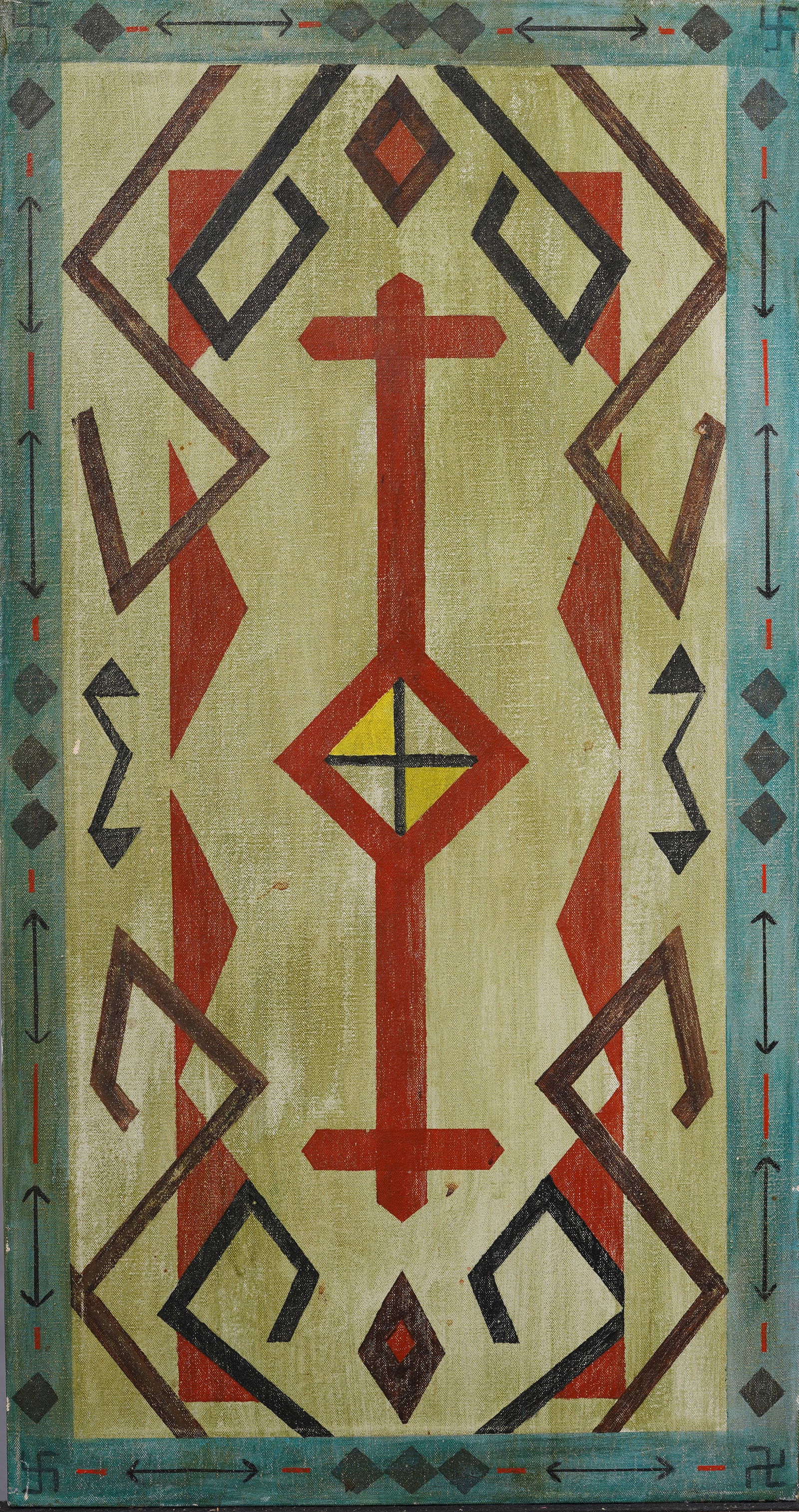 Antique Native American Abstract Early 1900s Original Abstract Geometric Western Oil Painting: Antique Native American abstract oil painting. Oil on canvas. Measuring 16 by 30 inches. Please see all images for condition. Size is measured and written on the back of the painting. The first size i