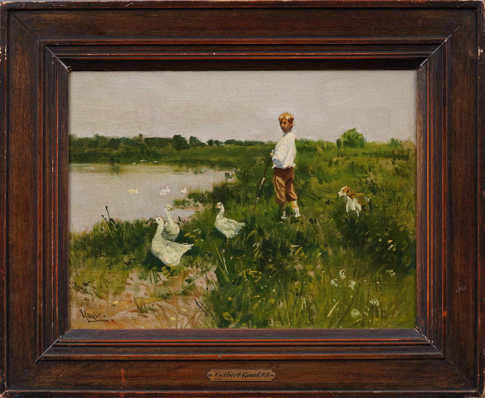 Gilbert Gaul 1855-1919 Antique American Impressionist Duck Pond Young Man Dog Portrait Oil Painting: Antique American impressionist landscape oil painting by Gilbert Gaul (1855 - 1919). Oil on canvas. Signed. Framed. Measuring 18 by 22 inches overall and 12 by 16 painting alone. Please see all images