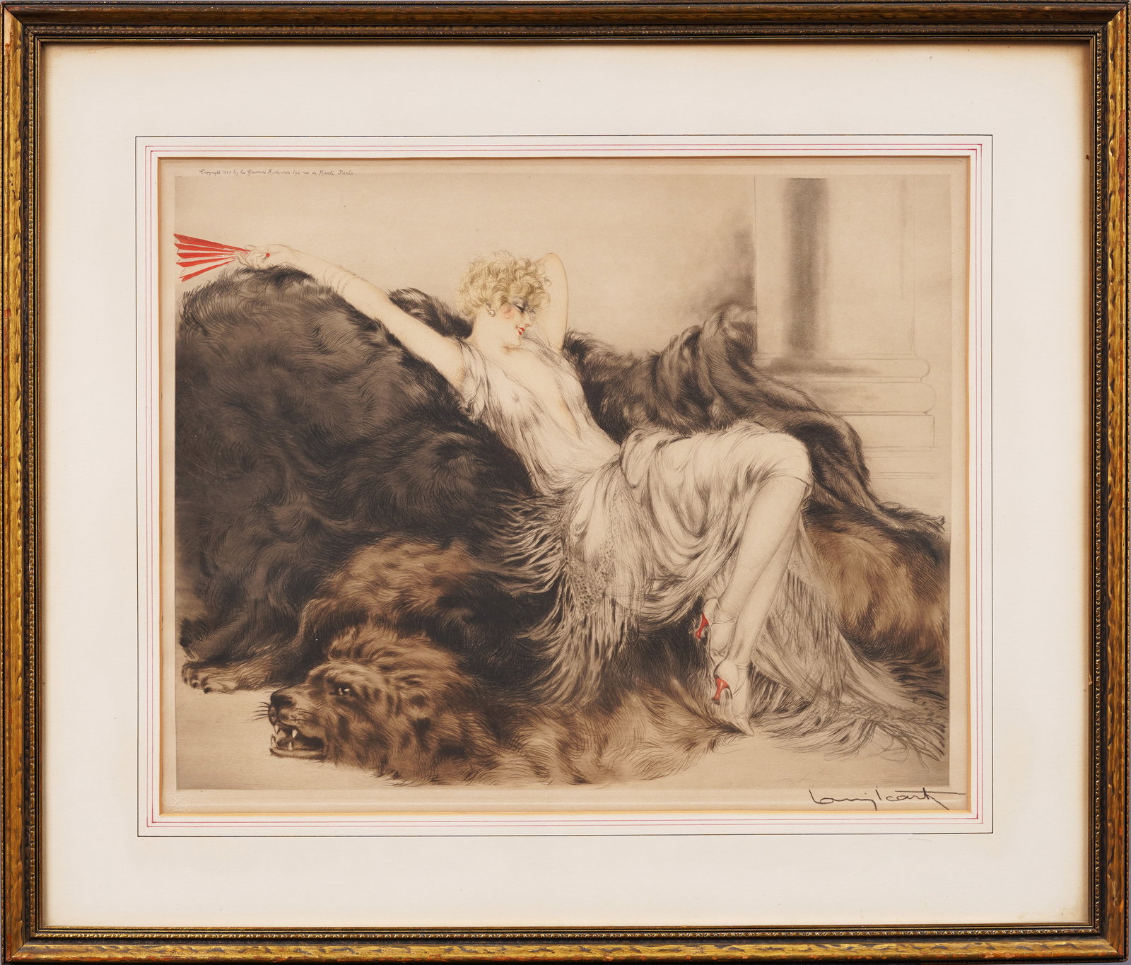 Louis Icart (1888-1950) Large Framed Antique French Art Deco Nude Woman Etching Signed: Antique French Art Deco nude etching by Louis Justin Laurent Icart (1888 - 1950). Etching on paper. Signed. Framed. Measuring 24 by 28 inches overall and 21.5 by 25.75 print alone. Please see all imag