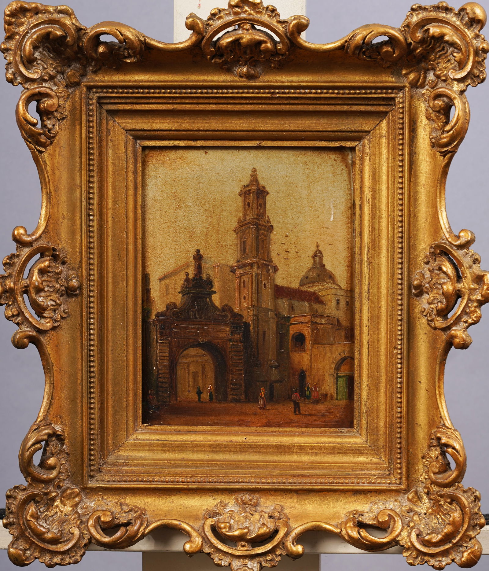 Antique European 19th Century Detailed Town Square Framed Oil Painting (1 of 5)