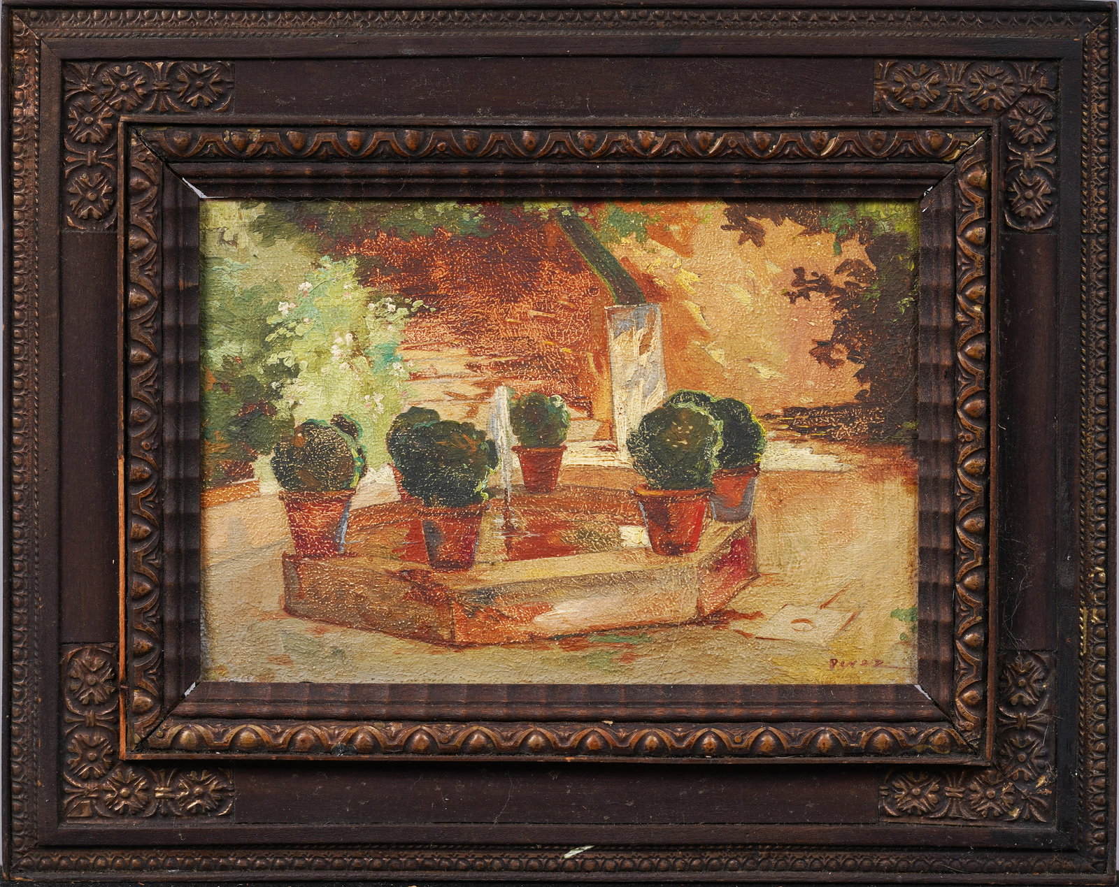 Antique European Spanish Impressionist Sevilla Landscape Nicely Framed Oil Painting: Antique Spanish impressionist landscape oil painting. Oil on board. Signed. Framed. Measuring 12 by 15 inches overall and 6.5 by 9.5 painting alone. Please see all images for condition. Size is measur