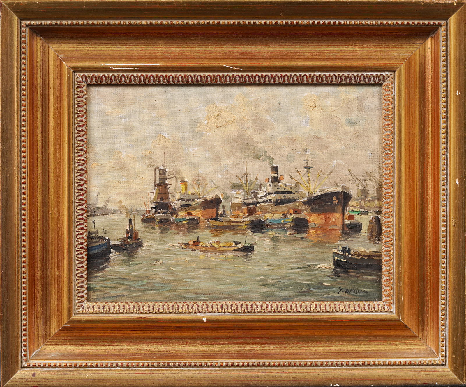 Antique European Impressionist Harbor Scene Framed Signed Original Oil Painting (1 of 6)
