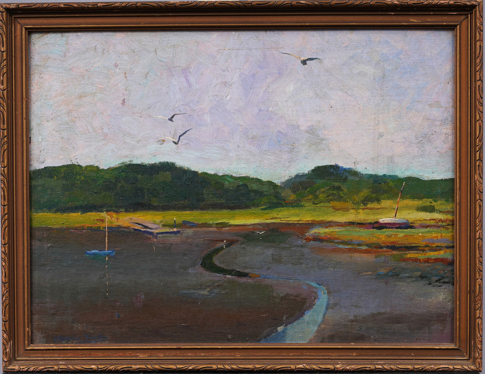 Antique American School Modernist Landscape Framed Marsh Seascape Scene Original Oil Painting (1 of 6)