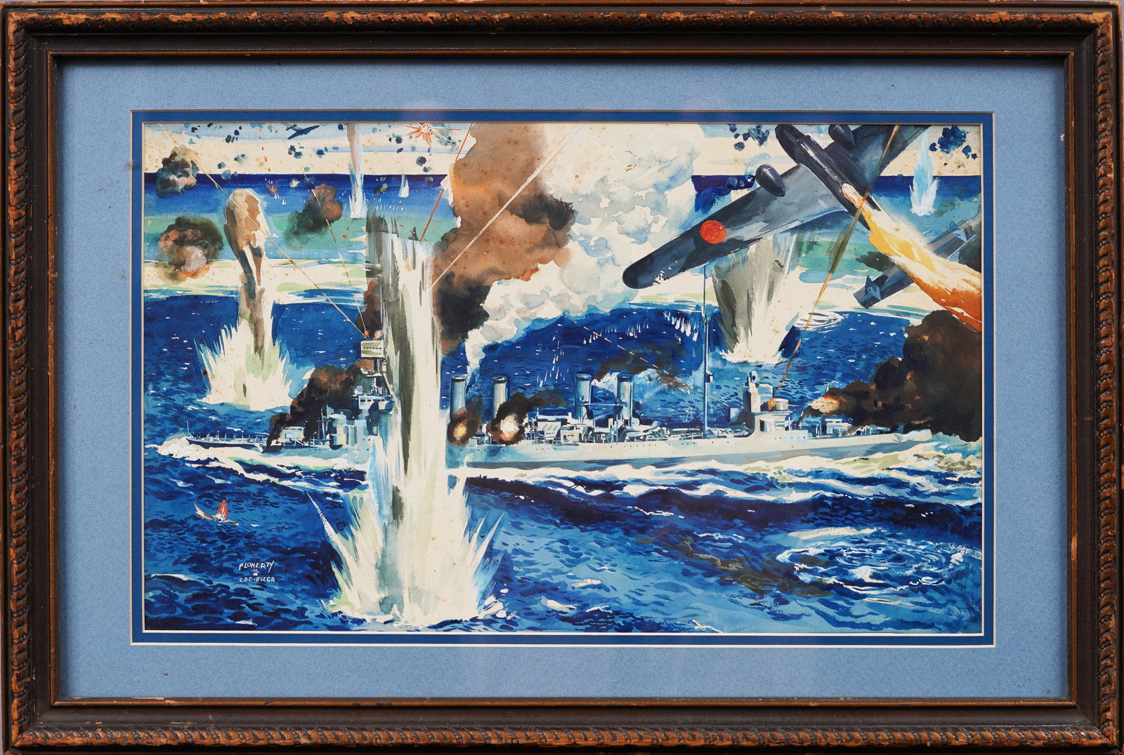 John J Jr Floherty (1907 - 1977) Antique American Navy Illustration War Ship Seascape Painting (1 of 6)