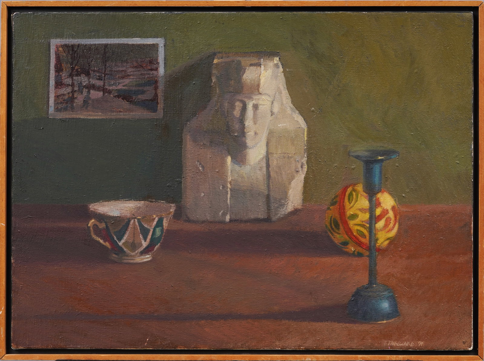 Timothy E. Engelland (1950-2012) Vintage American Modern Still Life Egyptian Ruins Oil Painting: Antique American modernist still life oil painting by Timothy E. Engelland (1950 - 2012). Oil on canvas. Signed. Framed. Measuring 18 by 23 inches overall and 16 by 22 painting alone. Please see all i