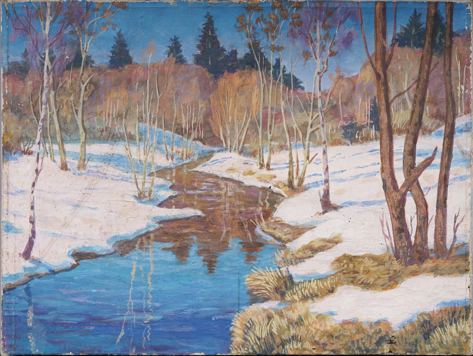 Antique American Impressionist Snow Covered Hills Winter Landscape Original Oil Painting: Antique American impressionist winter landscape oil painting. Oil on canvas. Measuring 11.5 by 15.5 inches and by painting alone. Please see all images for condition. Size is measured and written on t