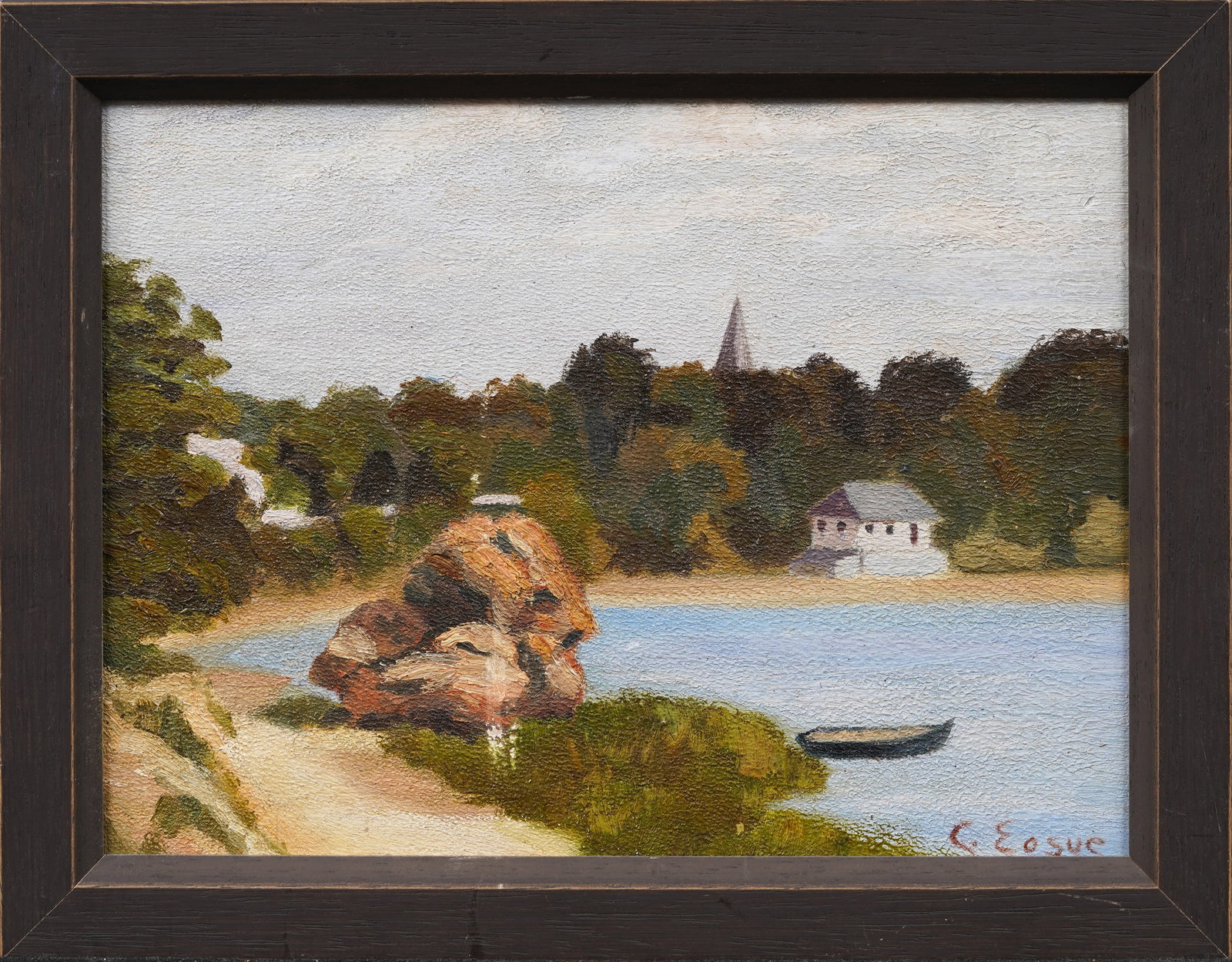 19th Century New England Coastal Seascape Signed Framed Original Oil Painting Onset Massachusetts: Antique American impressionist coastal seascape oil painting. Oil on panel. Signed. Framed. Measuring 11 by 14 inches overall and 9 by 12 painting alone. Please see all images for condition. Size is m