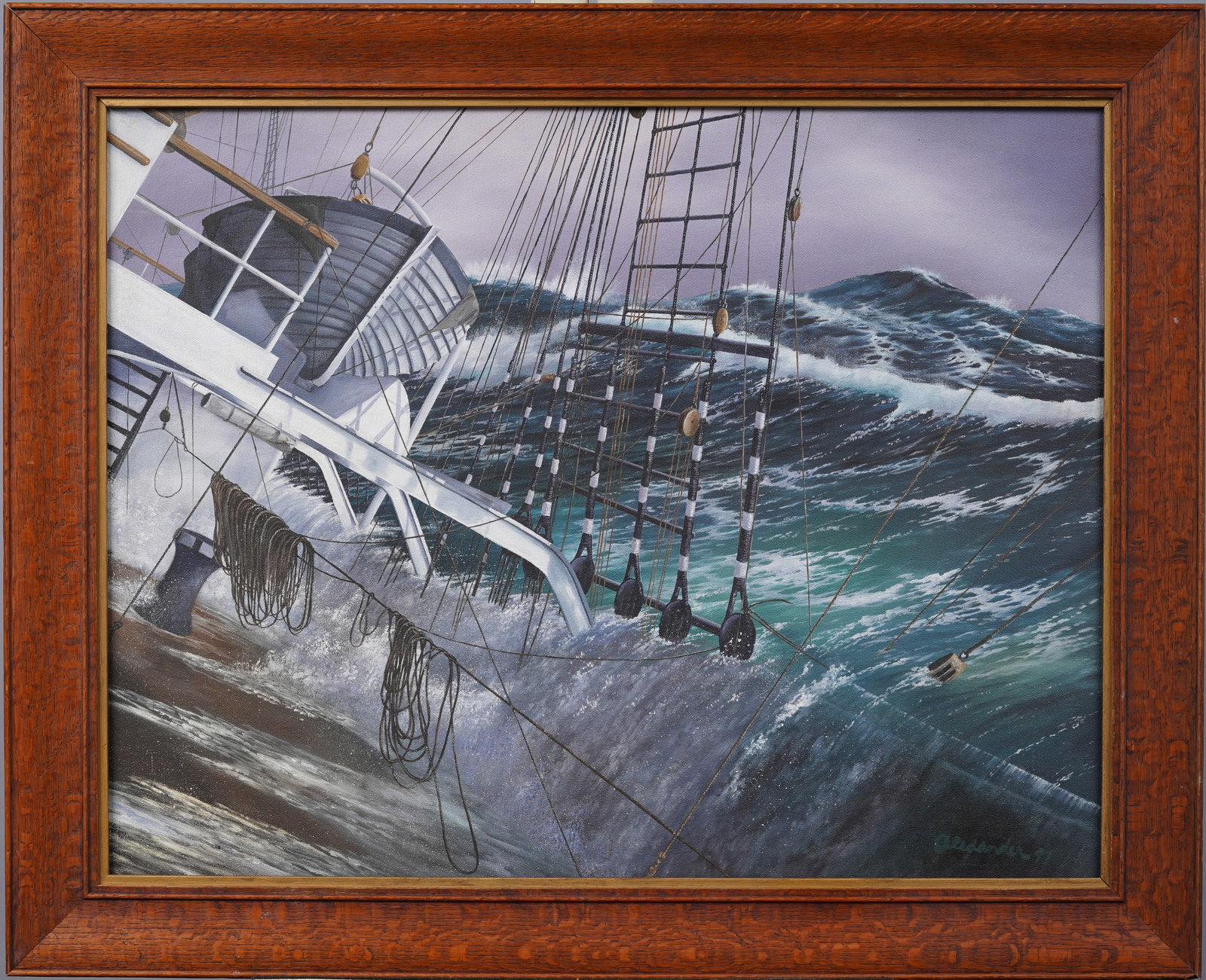 Antique American Nautical Seascape Stormy Ship Scene Crashing Waves Original Oil Painting: Antique American realist seascape oil painting. Oil on canvas. Signed, possibly Alexander. Framed. Measuring 26 by 36 inches overall and 22 by 28 painting alone. Please see all images for condition. S