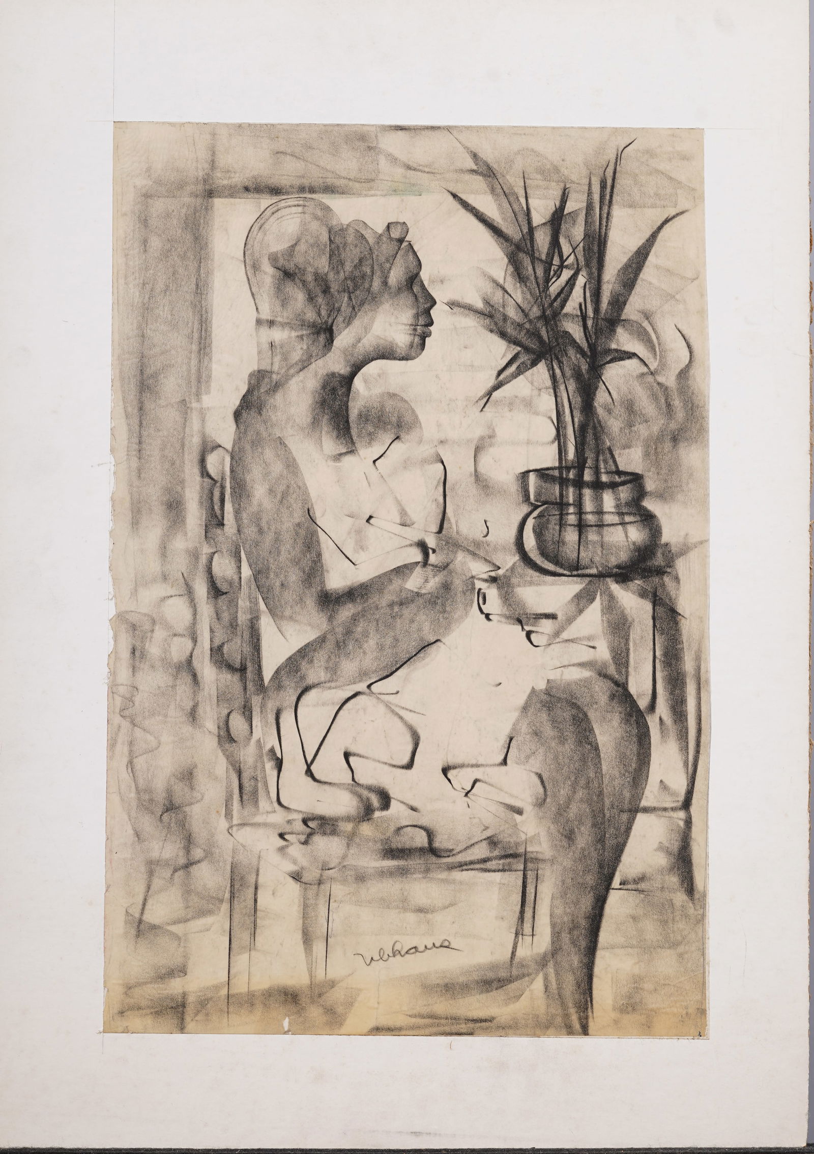 Robert Ubhaus Rare Signed Cubist Abstract Portrait Antique American Original Charcoal Drawing (1 of 6)