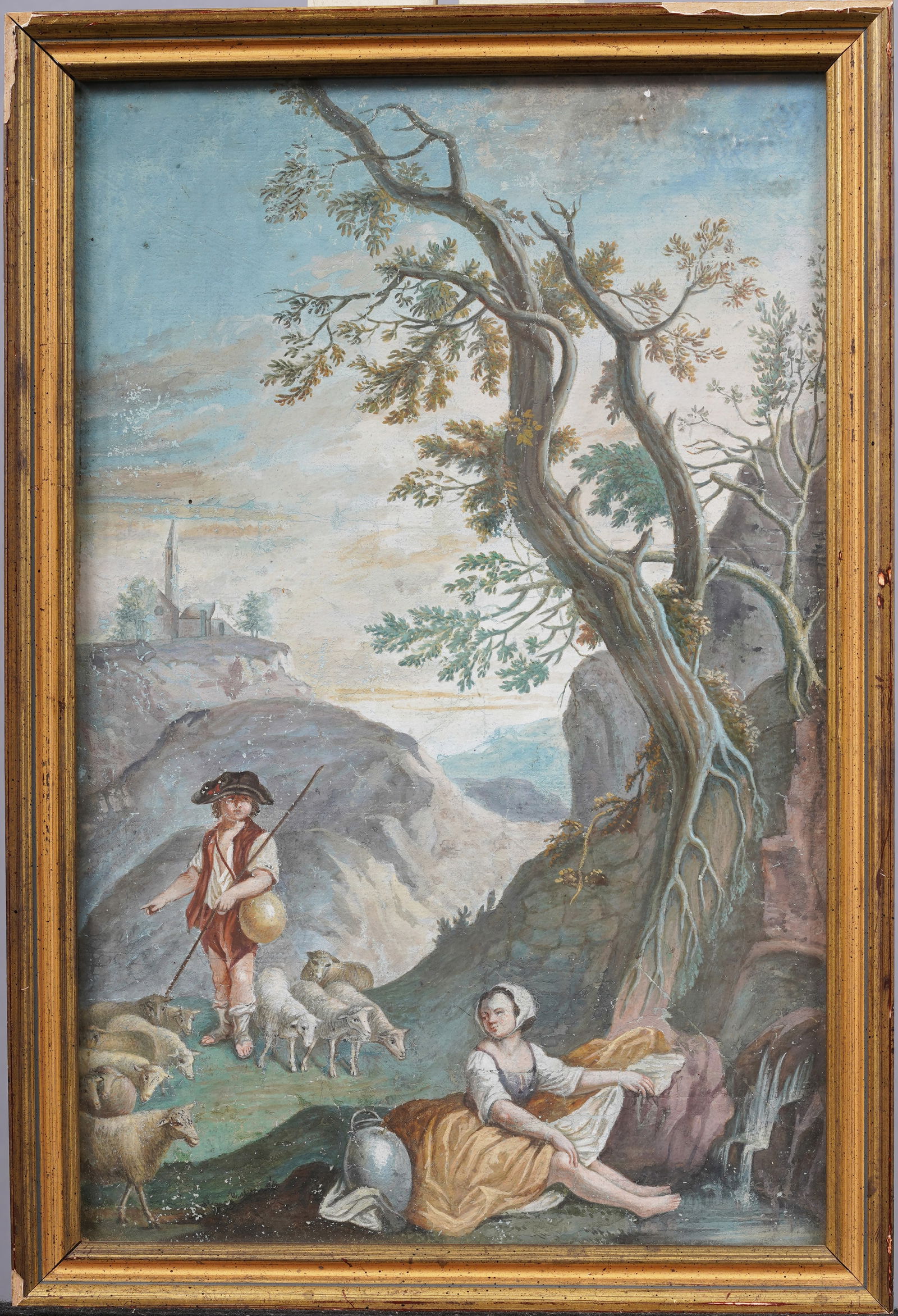 Antique French Old Master Sheep Herder Landscape Framed Original Gouache Painting (1 of 6)
