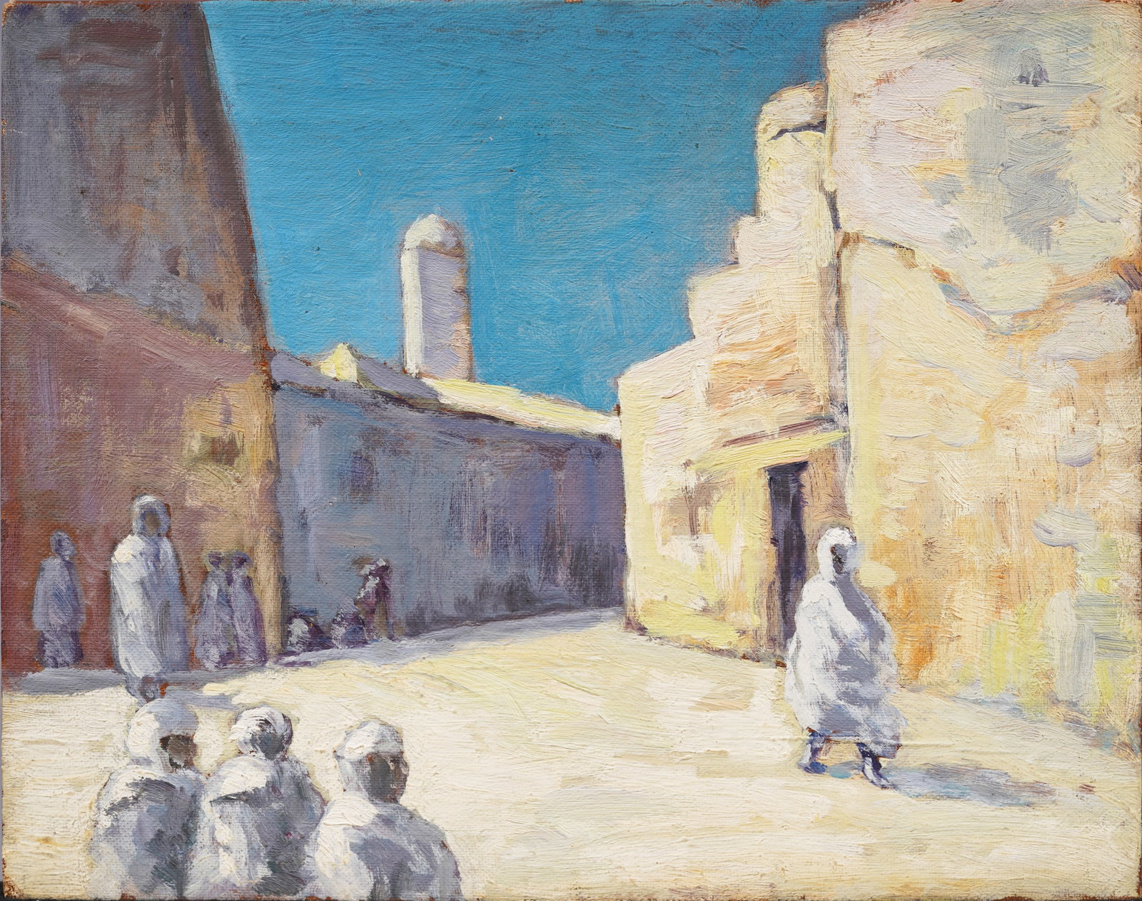 Antique Orientalist Impressionist Street Scene Early 1900s Original Oil Painting: Antique orientalist oil painting. Oil on canvasboard. Measuring 8 by 10 inches. Please see all images for condition. Size is measured and written on the back of the painting. The first size is the ove