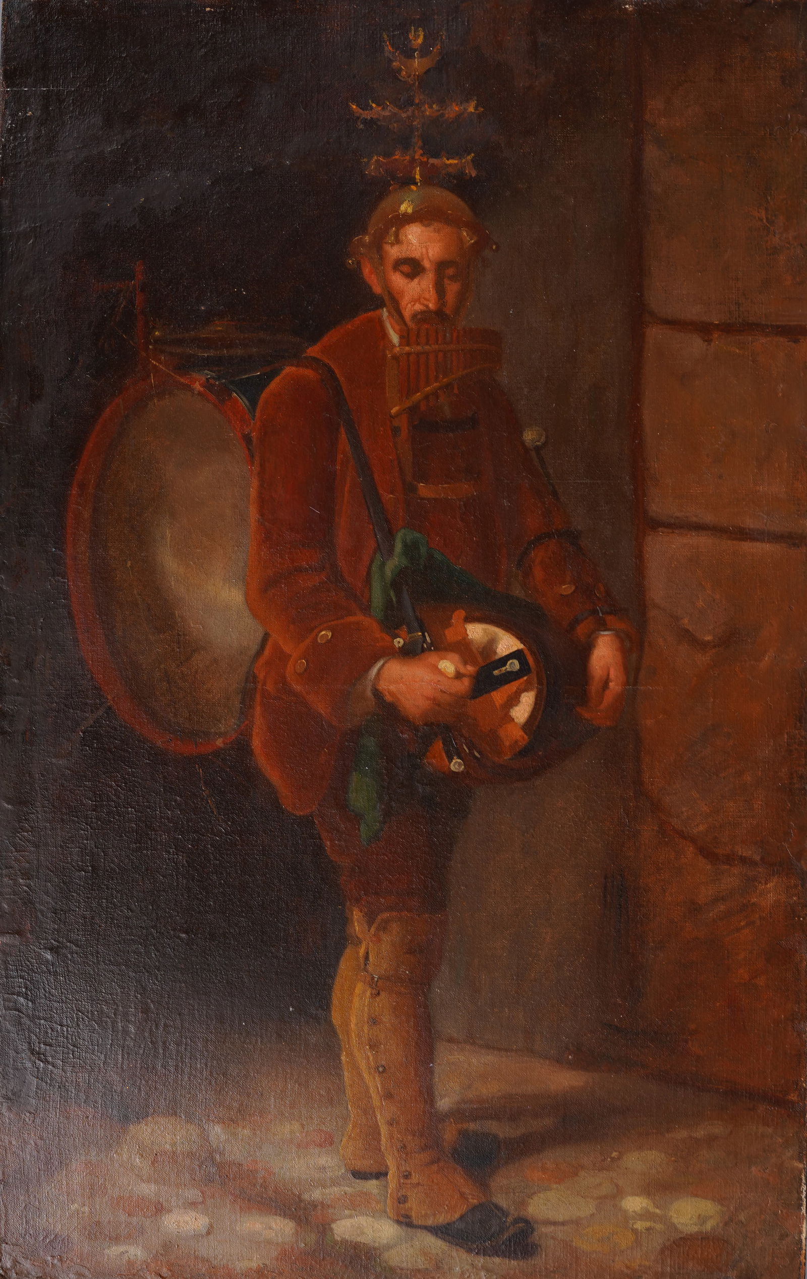 One Man Band 19th Century Musician Portrait Antique European Portrait Oil Painting (1 of 4)