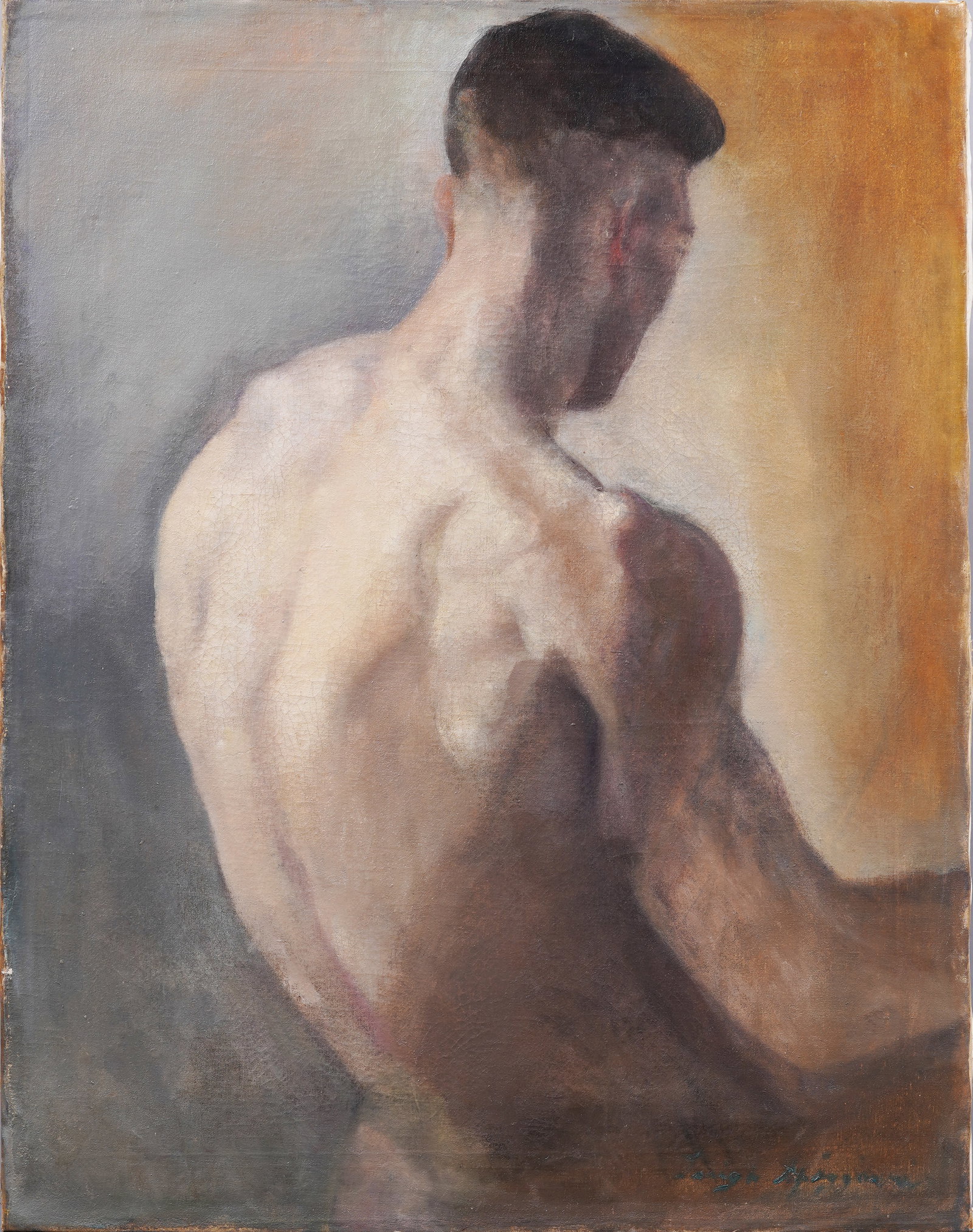 Antique American Impressionist Male Nude Portrait Large Signed Original Oil Painting: Antique American school oil painting. Oil on canvas. Signed illegibly. Measuring 22 by 28 inches. Please see all images for condition. Size is measured and written on the back of the painting. The fir