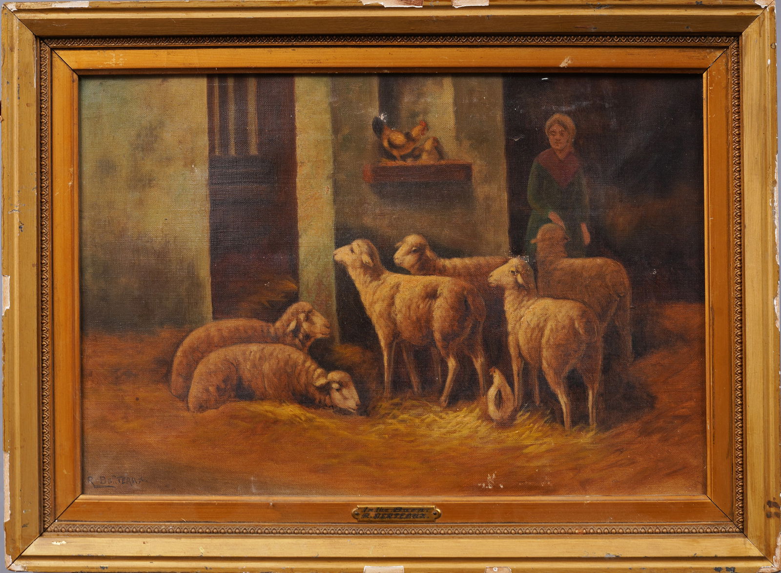 Antique French "In the Barn" Sheep Feeding 19th Century Animal Portrait Framed Oil Painting (1 of 6)
