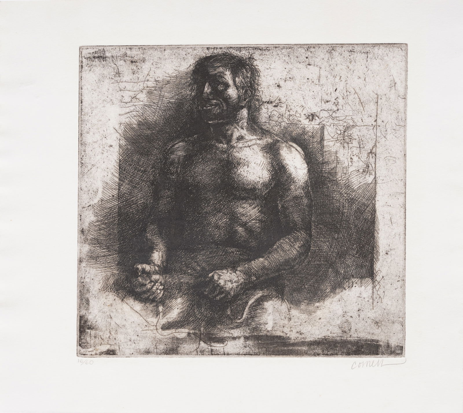 Thomas Cornell (1937 - 2012) Antique American Modernist Male Nude Signed Etching: Antique American modernist etching by Thomas Cornell (1937 - 2012). Signed. Measuring 13 by 15 inches overall and 10 by 10 print alone. Please see all images for condition. Size is measured and writte