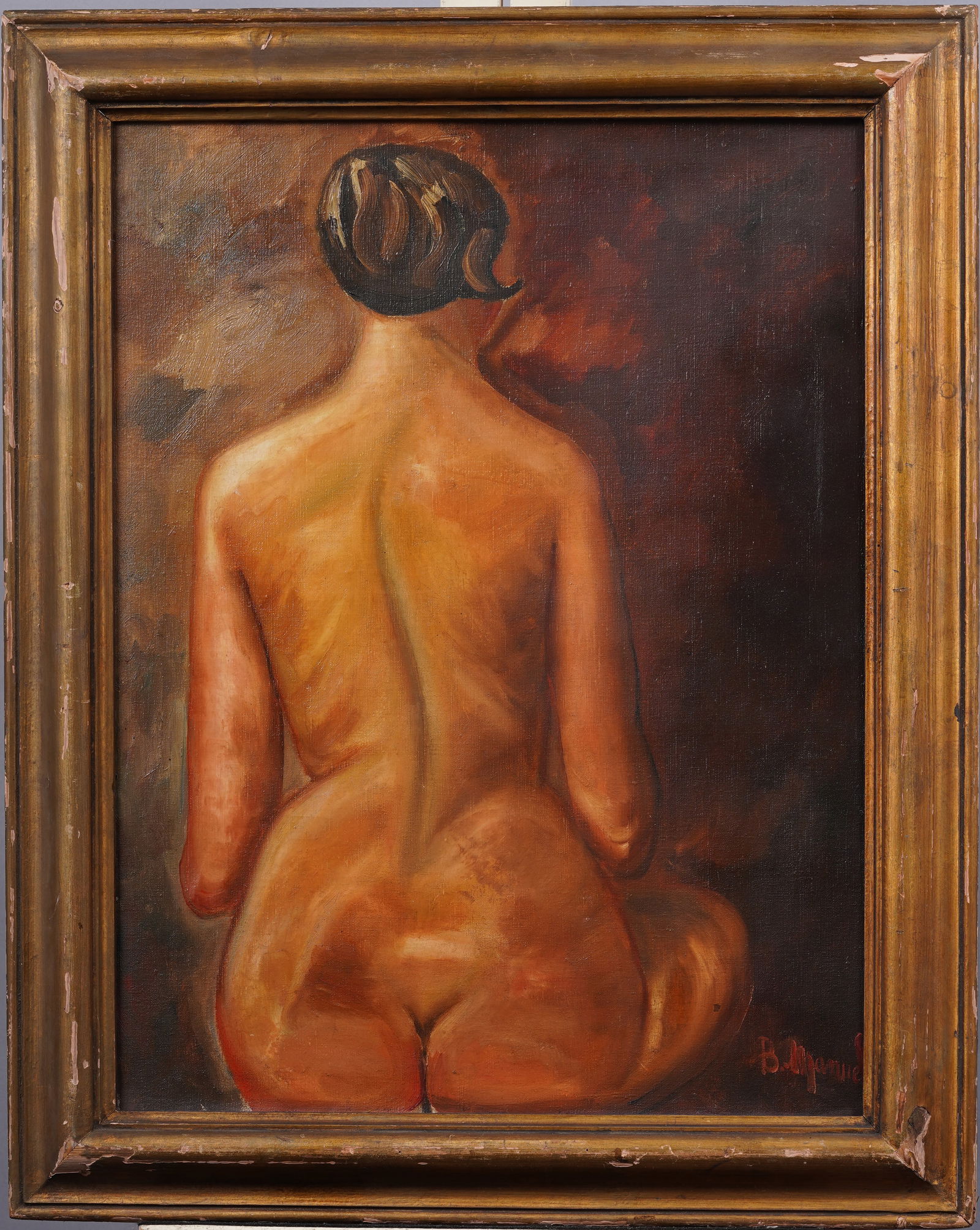 Boccini Manuel (1890 - 1962) Antique Italian American Modernist Woman Nude Framed Oil Painting: Antique American oil painting. Oil on canvas. Signed. Framed. Measuring 31 by 25 inches overall and 20 by 26 painting alone. Please see all images for condition. Size is measured and written on the ba