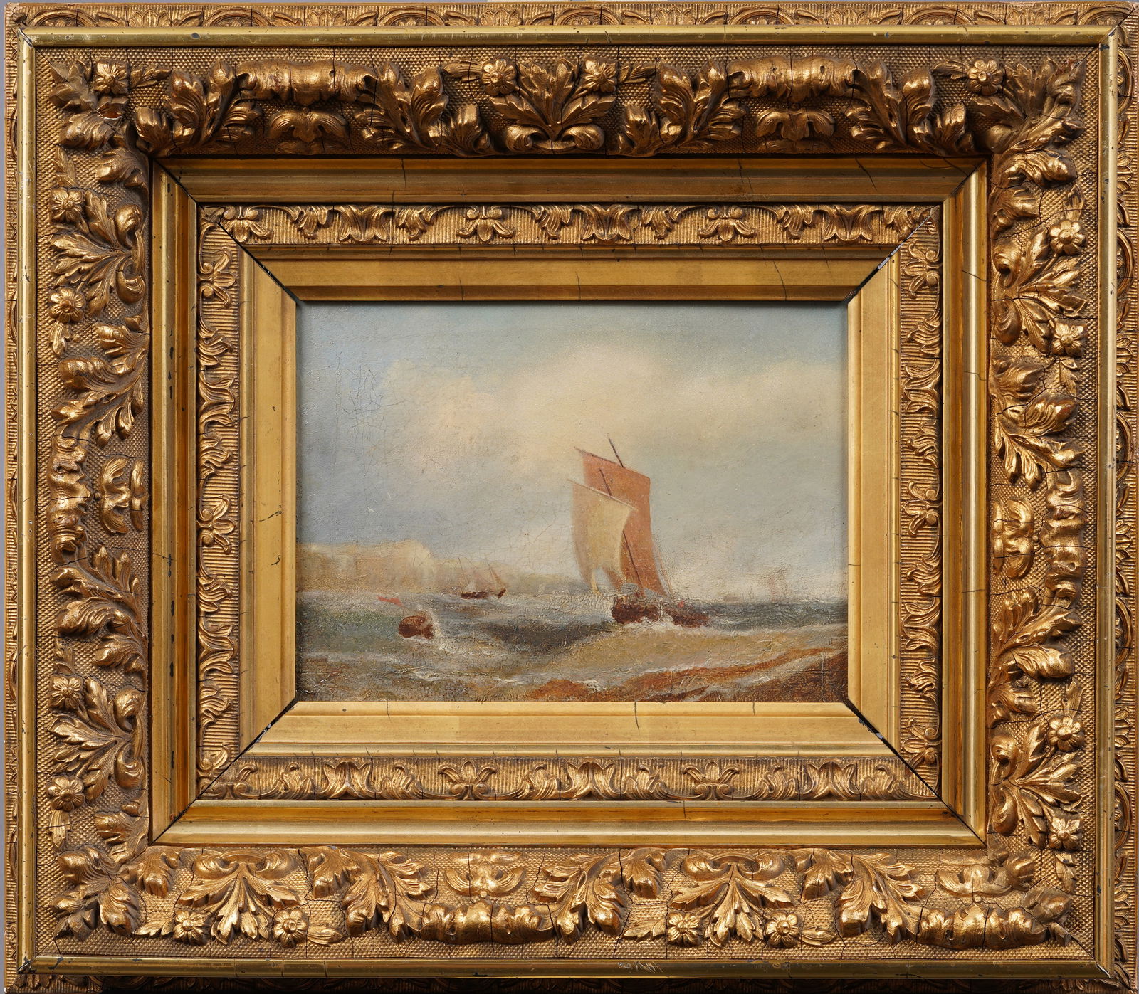 19th Century Nicely Framed Antique European Coastal Seascape Sailboat Oil Painting (1 of 5)