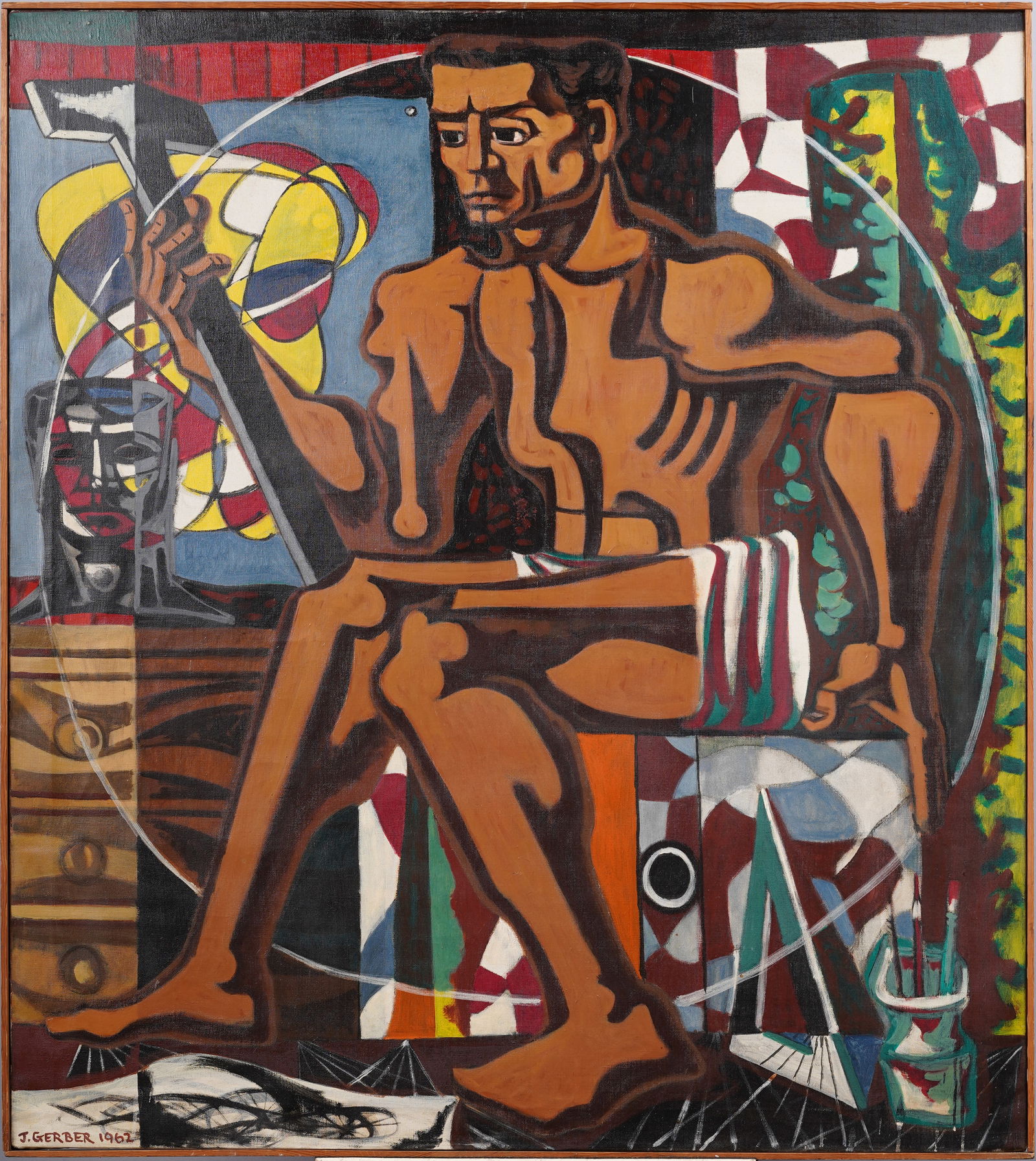 Large Antique American Signed Jack Gerber 1962 Original Mid Century Strong Man Portrait Painting (1 of 9)