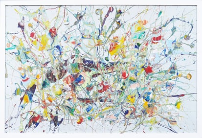 LARGE Signed Vintage 1990 Modernist Framed Abstract Expressionist Action Splatter Oil Painting