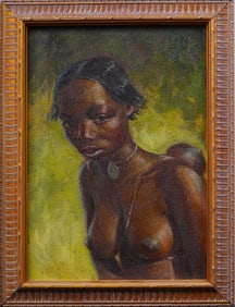 Signed Antique African Nude Woman Portrait Framed Original Oil Painting