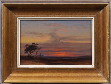 Antique 19th Century European Landscape with Windmill Blazing Sunset Framed Oil Painting
