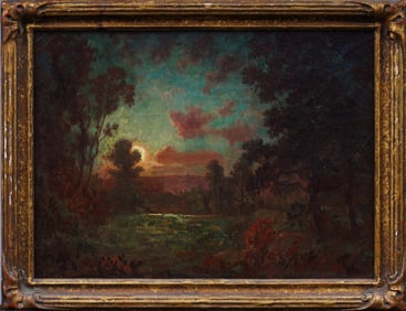 Important 19th Century American School Moonlit Luminous Landscape Framed Oil Painting