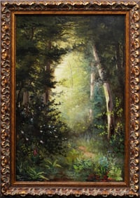 Signed Antique European Impressionist Sunlit Forest Landscape Framed Oil Painting