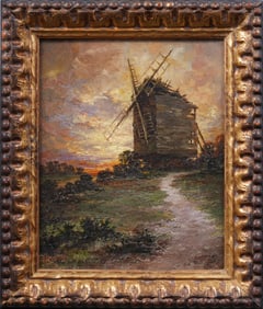 Antique French Impressionist Sunset Landscape Signed Windmill 19th Century Oil Painting