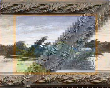 Anatole Eugène Hillairet (fl.1880 - 1928) Antique French Impressionist River Landscape oil Painting